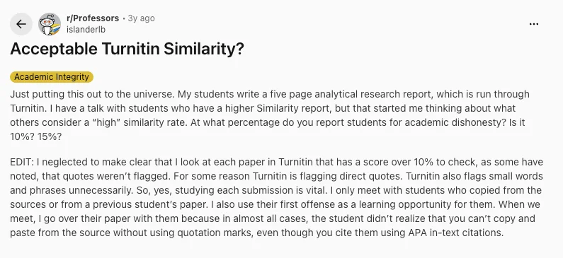 Reddit discussions on acceptable Turnitin similarity Reddit discussions on acceptable Turnitin similarity