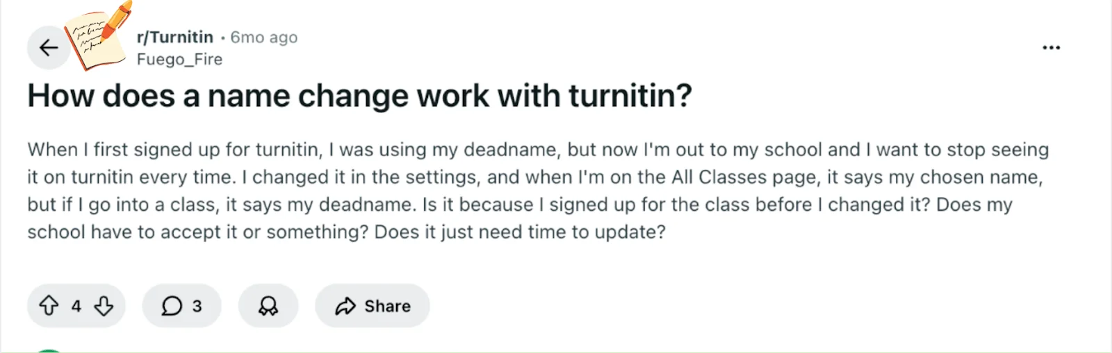 Reddit Question: How Does a Name Change Work with Turnitin Pergunta no Reddit: Como Funciona a Mudança de Nome no Turnitin?