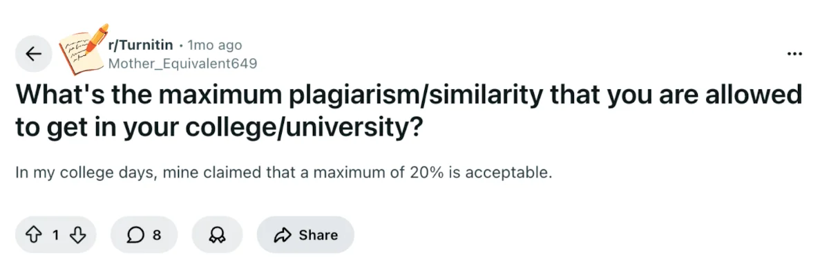Reddit-Frage: Maximale zulässige Ähnlichkeit in Turnitin-Berichten von Hochschulen Reddit-Frage: Maximale zulässige Ähnlichkeit in Turnitin-Berichten von Hochschulen