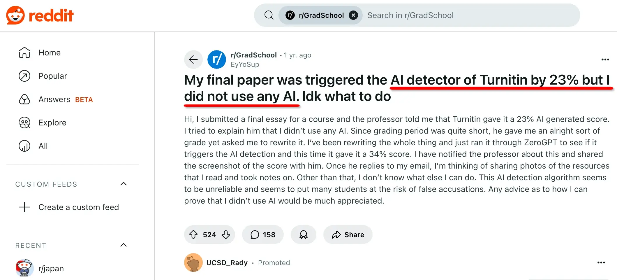 Reddit Student Report Final Paper Was Triggered the Turnitin AI Detector